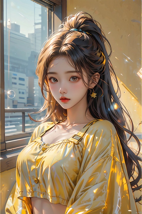  illustrator, anime, realistic, 1girl, huge breasts, crop_top, Yellow gradient background, black hair, Textured crop, (masterpiece, best quality),full body, look at viewer, focus on breasts, high ponytail, sexy figure, meng ze, Light master