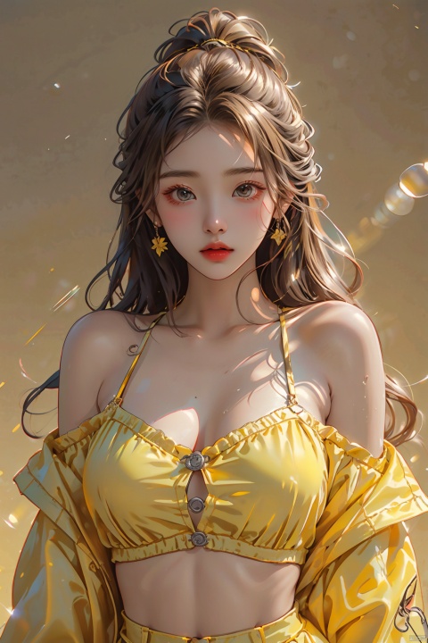  illustrator, anime, realistic, 1girl, huge breasts, crop_top, Yellow gradient background, black hair, Textured crop, (masterpiece, best quality),full body, look at viewer, focus on breasts, high ponytail, sexy figure, meng ze, Light master