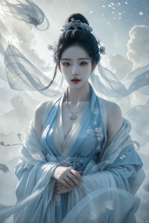  mzldress,a girl,solo,upper body,necklace and ear chain, sunlight, Black hair,realism,blue dress, xianjing crane hanfu cloud branch flower,smoke Chinese clothing, Ink scattering_Chinese style