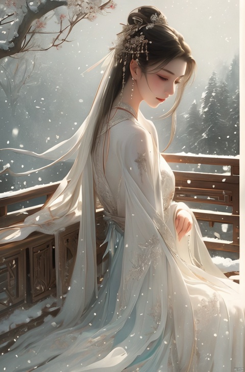 Medium: Ultra-fine painting. Subject: A young woman in a white dress adorned with jade jewelry,sitting gracefully. She is surrounded by an elegant white loong. Emotion: Tranquil. Lighting: Soft,highlighting the snowflakes. Scene: A snowy landscape with delicate snowflakes falling around her and the loong. Style: Ultra-detailed realism with a colorful palette.