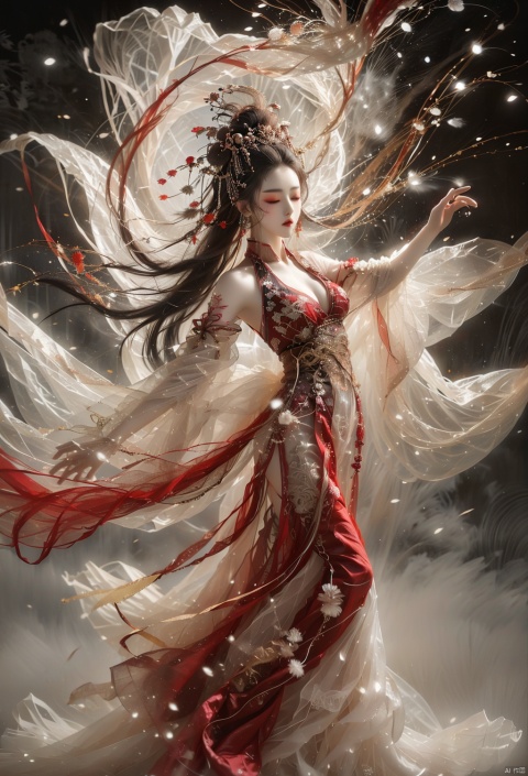  A girl with long black hair, Hanfu, medium breasts,.wunv, Breasts,Exquisite makeup, eyes closed, long flowing hair,full body,dancing, Ink scattering_Chinese style, xianjing hanfu crane, xianjing crane hanfu cloud branch flower