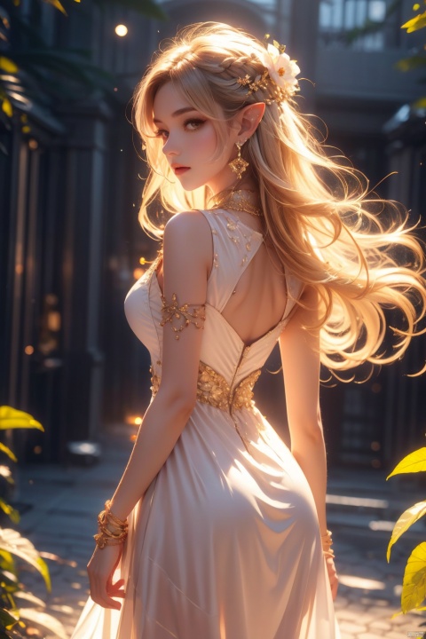 masterpiece, official art, extremely detailed cg unity 8k wallpaper, highly detailed, absurdres, 8k resolution,
1girl, solo, pointy ears, elf, long hair, moon, jewelry, earrings, white hair, ass, bridal gauntlets, dress, breasts, full moon, from behind, flower, standing, white dress, night, plant, looking back
,depth of field, panorama, cinematic lighting, ray tracing, best quality