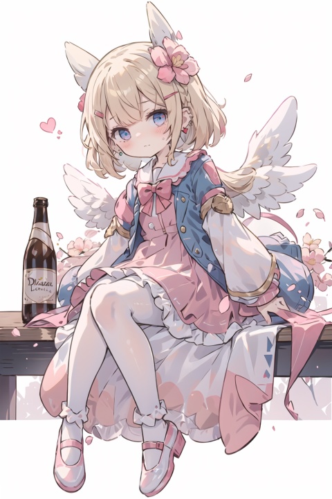 1girl,（loli:1.6）wings,piercing,ear piercing,hair ornament,solo,blond hair,looking at viewer,heart,hairclip,jacket,long sleeves,long hair,socks,shoes,frills,candy,blush,controller,braid,bangs,holding,dress,white background,bottle,red eyes,stuffed toy,full body,ribbon,earrings,jewelry,white socks,white footwear,sitting,bow,stuffed animal,sleeves past wrists,shoe soles,White Pantyhose,azur lane,[(white background:1.5)::5](pink theme),1girl, solo, (loli:1.6) sitting, long hair, flower, blue eyes, holding, pink flower, white background, wide sleeves, bangs, long sleeves, dress, looking at viewer,  hair ornament, frills, hair flower, cherry blossoms, full body, blond hair, simple background, lolita fashion, bow, ribbon, blush,   petals, closed mouth, table,loli,petety,masterpiece,best quality,diives, white pantyhose,straight hair,angel wings