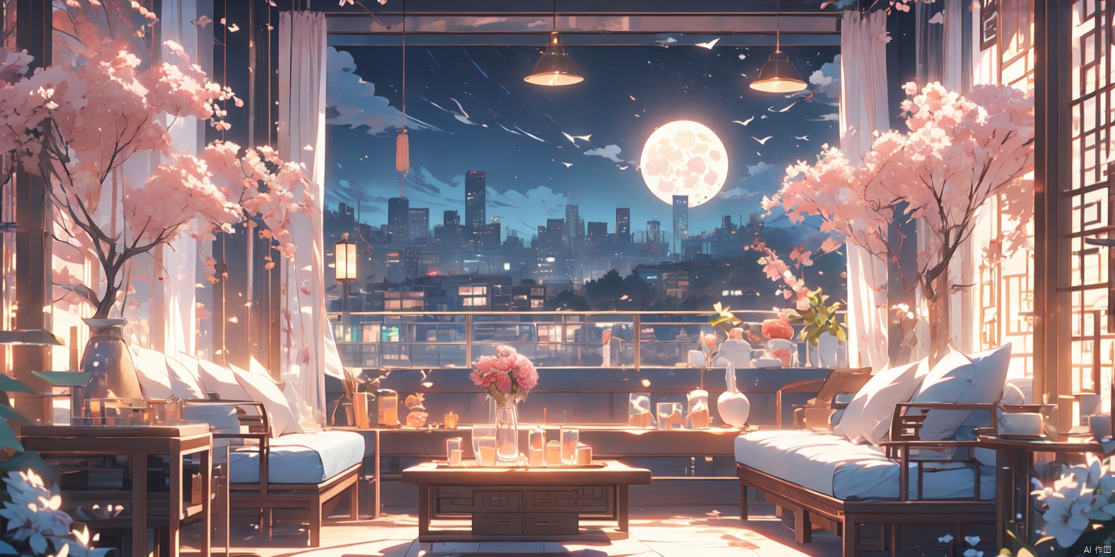 (masterpiece: 1.2) , best quality, 8k, comfortable animated scenes, Chinese architecture, cyberpunk, full moon, Meteor, oversized cat, interior, strong light and shadow contrast, fantasy colors, sofa, pillow, no people, trees, flowers, floor-to-ceiling windows, birds, pink room, wide angle, depth of field, mid-shot, healing, ultra detail, 1 girl, watercolor \(medium\), (\shen ming shao nv\)
