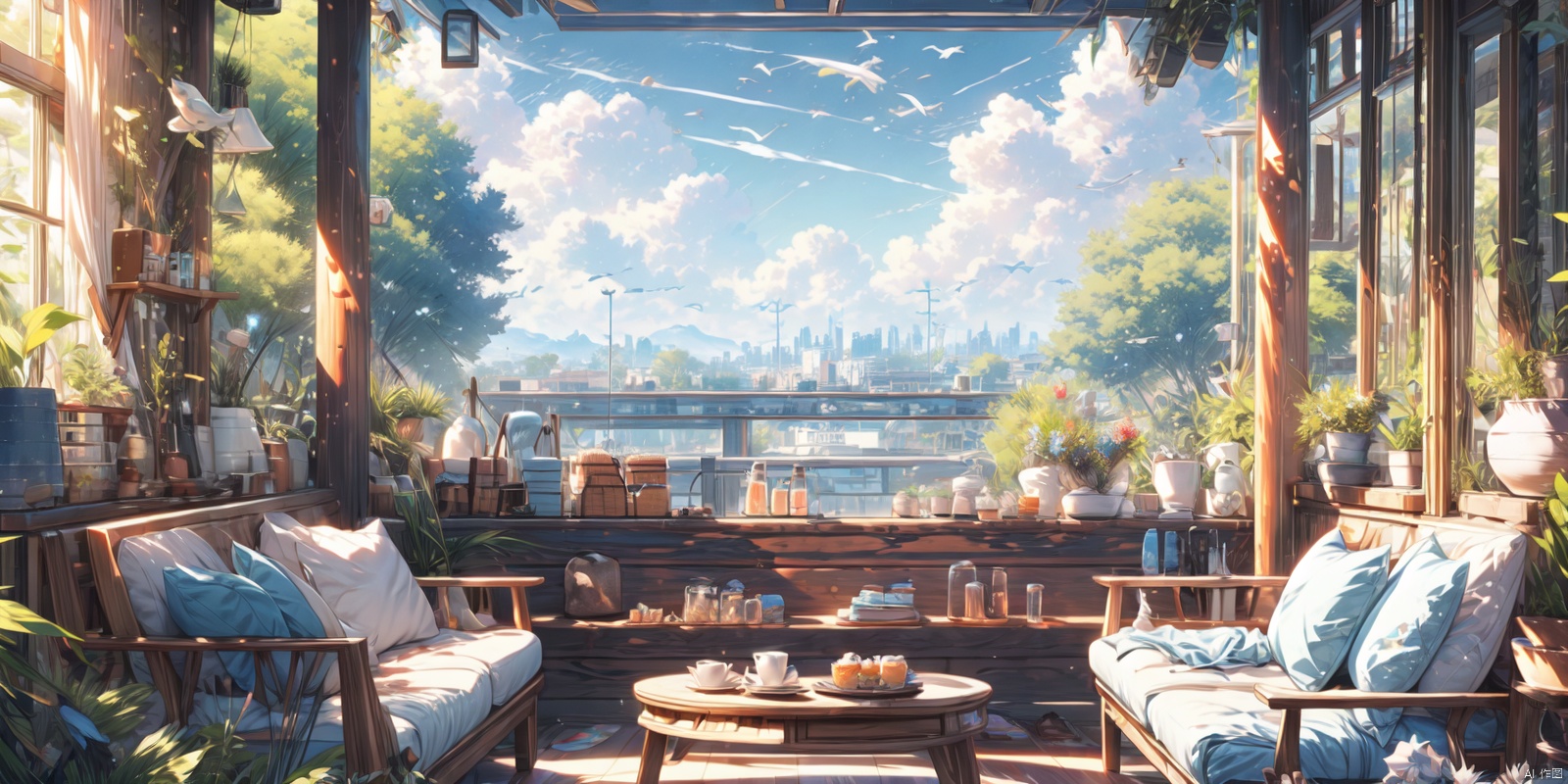(masterpiece: 1.2) , best quality, Pixiv, comfortable animated scenes, city in the sky, WLOP wallpaper, set, Chinese architecture, Chinese style, interior, fairy tale, fantasy color, sofa, pillow, plush doll, lace, Tulle, feathers, candy, foam, no people, trees, flowers, floor-to-ceiling windows, colorful clouds, blue skies, birds, warm rooms, cats, wide-angle, depth of field, mid-shot, healing, ultra-detail