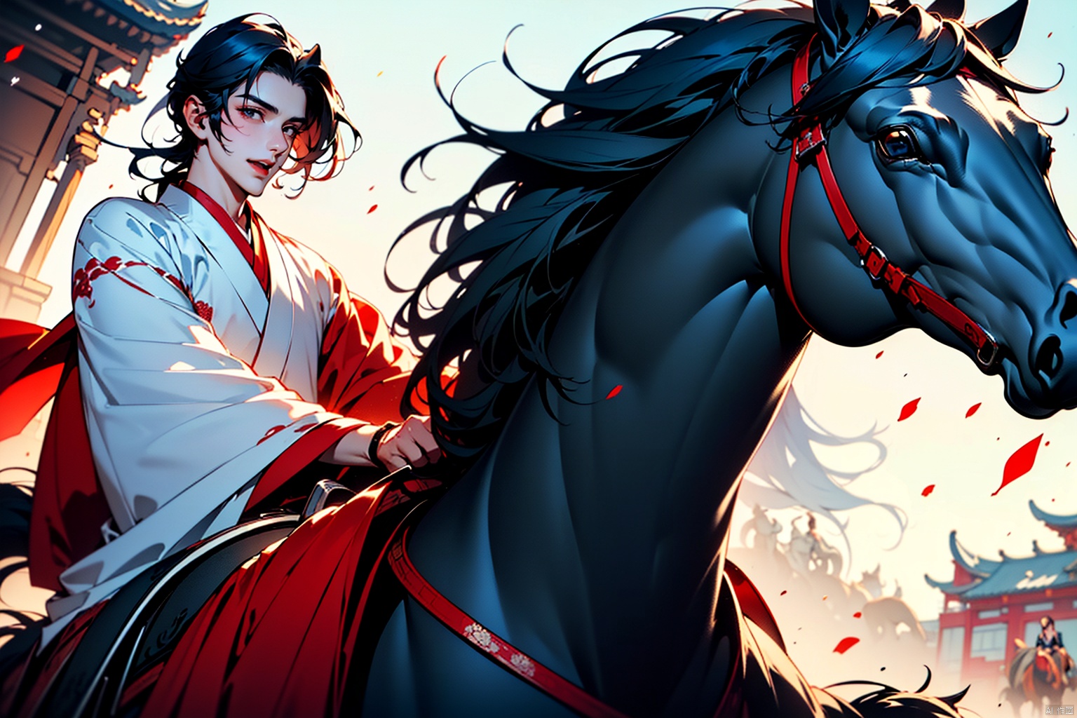 (20-year-old man, long black hair, blue eyes, red and Black Hanfu: 1.4)(facial expression, happy: 1.5)(horse riding: 1.7) , (background: Ancient Chinese Bazaar: 1.1) , bustling, blooming flowers, falling petals, high resolution, high quality, 8K, Ink scattering_Chinese style