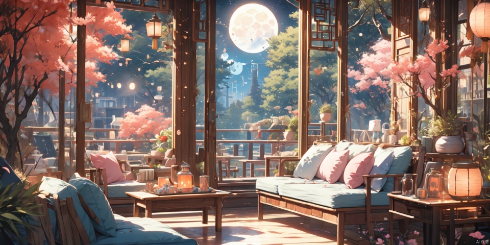 (masterpiece: 1.2) , best quality, 8k, comfortable animated scenes, Chinese architecture, Chinese style, full moon, Meteor, starry sky, Big Cat, indoor, evening, strong contrast of light and shadow, fantastic color, sofa, pillow, bubble, feather, no people, trees, flowers, floor-to-ceiling windows, birds, pink rooms, wide-angle, depth of field, mid-shot, healing, ultra-detail