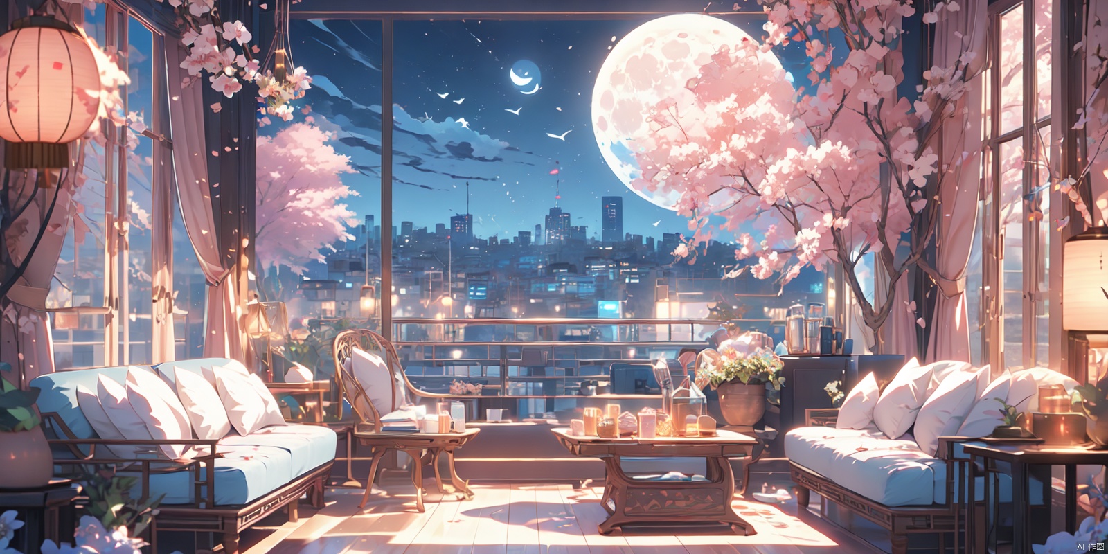 (masterpiece: 1.2) , best quality, 8k, comfortable animated scenes, Chinese architecture, cyberpunk, full moon, Meteor, oversized cat, interior, strong light and shadow contrast, fantasy colors, sofa, pillow, no people, trees, flowers, floor-to-ceiling windows, birds, pink room, wide angle, depth of field, mid-shot, healing, ultra detail, 1 girl, watercolor \(medium\)