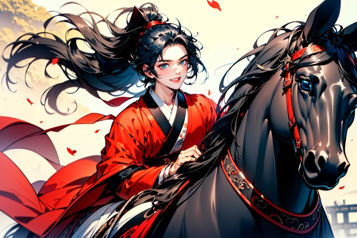(20-year-old man, long black hair, blue eyes, red and Black Hanfu: 1.4)(facial expression, happy: 1.5)(horse riding: 1.7) , (background: Ancient Chinese bazaar: 1.1) , mid-shot, bustling, blooming flowers, falling petals, high resolution, high quality, 8K