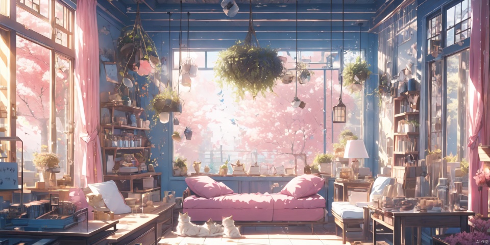 (masterpiece: 1.2) , best quality, Pixiv, comfortable animated scene, set, interior, no one, an old tree, floor-to-ceiling windows, flying fish, sweet room, pink, bubble, candy, Cat, dog, cute, wide angle, depth of field, middle shot, plenty of light
