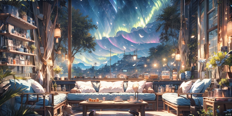 (masterpiece: 1.2) , best quality, 8k, comfortable animated scenes, Chinese architecture, Chinese wind, Aurora, Meteor, starry sky, foam, interior, fantasy color, sofa, pillow, plush doll, feather, no one, tree, flower, floor-to-ceiling windows, birds, cozy rooms, cats, wide-angle, depth of field, mid-shot, healing, ultra-detail