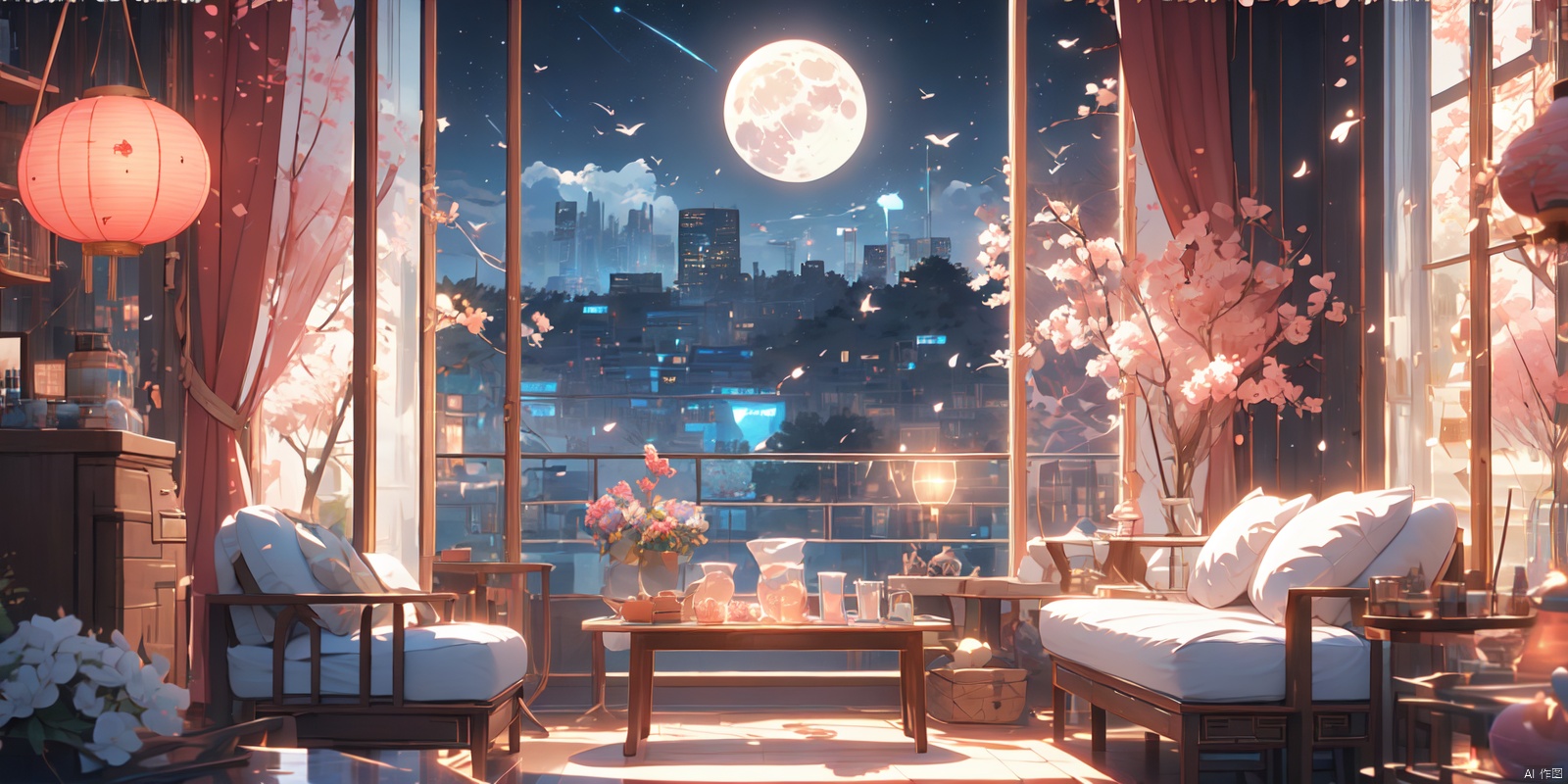 (masterpiece: 1.2) , best quality, 8k, comfortable animated scenes, Chinese architecture, cyberpunk, full moon, Meteor, oversized cat, interior, strong light and shadow contrast, fantasy colors, sofa, pillow, no people, trees, flowers, floor-to-ceiling windows, birds, pink room, wide angle, depth of field, mid-shot, healing, ultra detail, 1 girl, watercolor \(medium\), (\shen ming shao nv\)