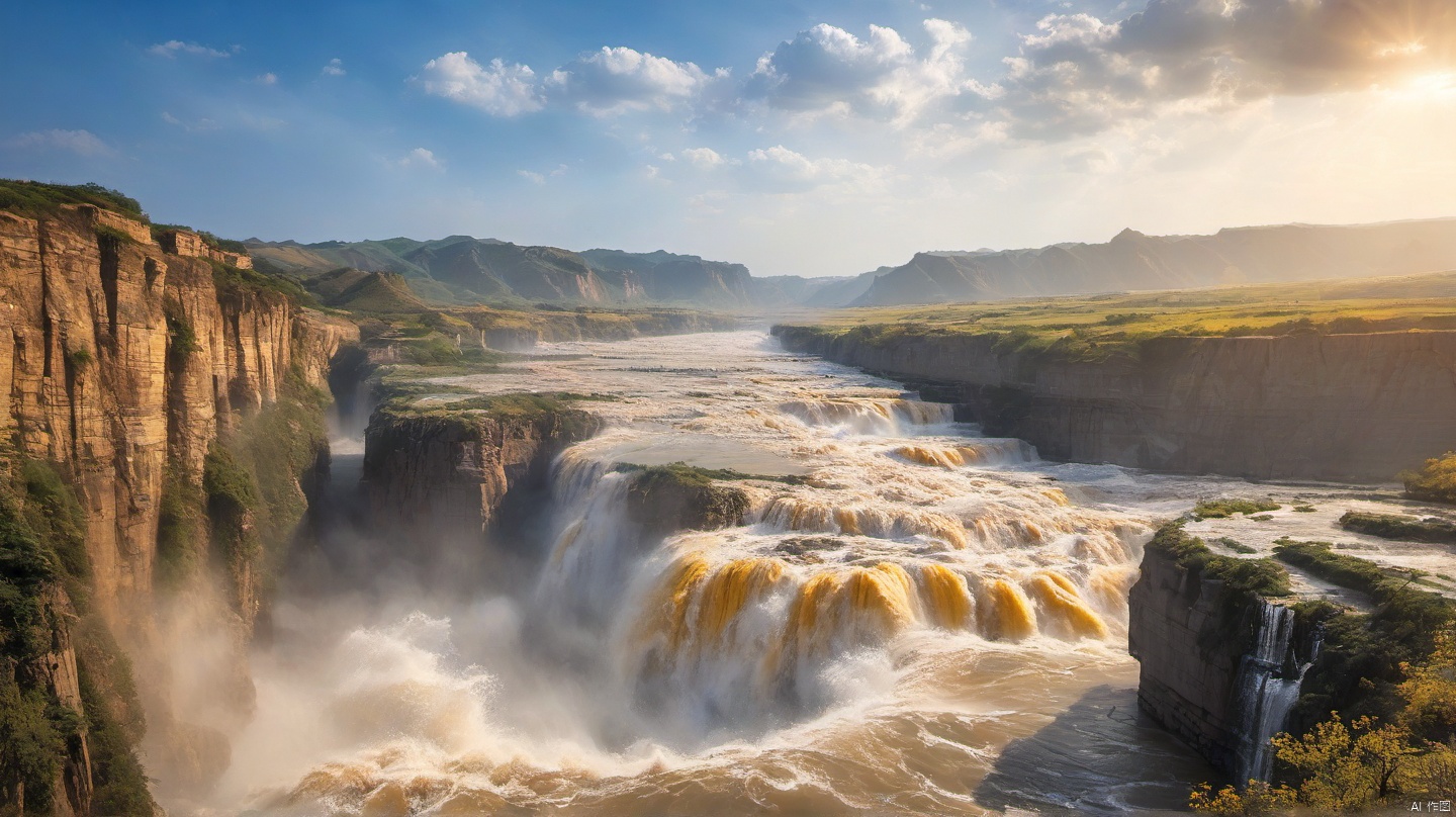 China Yellow River scenic spot, Hukou Waterfall, majestic waves, fast rivers, cliffs, sunny days, outdoor, HD, 8k, National Geographic, wallpaper, real photography,ananmo
