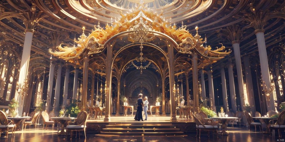  (masterpiece: 1.2) , the best quality, amazing detail, 8k, comfortable animated scenes, Chinese architecture, golden yellow, golden trees, golden tables and chairs, gold ingots, brilliant gems, piles of gold, scattered gold coins, jewelry, sparkling, Diamond, interior, (close-up) , mid-range, depth of field, wide-angle, ultra-detail, best quality,nobody,流光, Installation art, hjyzbrobot