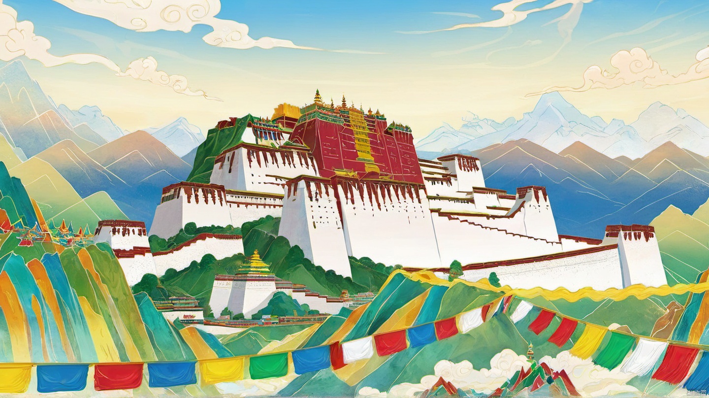 Potala Palace, full of colorful prayer flags, sacred, Zen, outdoor, blue sky, White Clouds, national tide illustration, gilt, art, illustration, wallpaper, high resolution