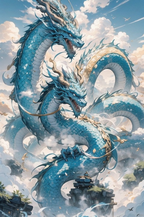  chinese dragon,white and blue,golden clouds, 3D blind box, fazhen, eastern dragon,HTTP,long,zydink,中国龙,机甲,高达
