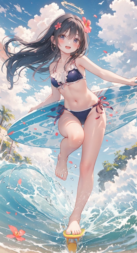 Masterpiece, best quality, extremely detailed CG, 8K, 1 girls surfing on skateboards, Solo, Long Hair, blush, smile, open mouth, Bangs, hair decor, body, eyes open, flowers, colored hair, earrings, outdoors, decor, swimsuit, sky, bare feet, day, clouds, hair flowers, water, halo, graffiti patterns, face the audience,