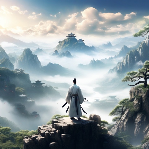 中国古代,巍峨的山峰,一个穿汉服的男人站在山顶,全景,俯瞰,云海,白天,仙境,阳光,高清晰度,8K,古画,风景如画,水墨