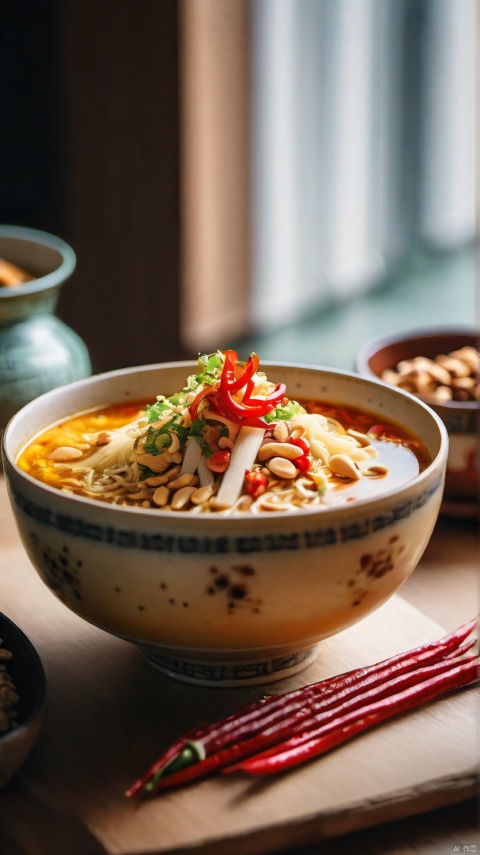 A bowl of fragrant soup powder, with sour bamboo shoots and fungus and peanuts and chili on top of noodles, beautiful platter, close-up, indoor, dining table, Chinese architecture