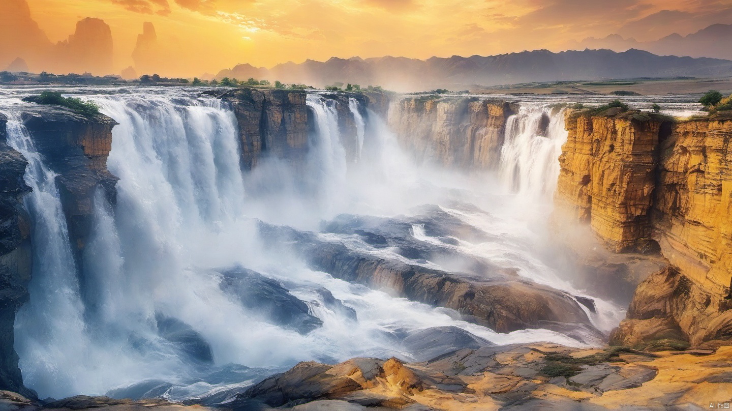 China Yellow River scenic spot, Hukou Waterfall, majestic waves, fast rivers, cliffs, sunny days, outdoor, HD, 8k, National Geographic, wallpaper, real photography,ananmo