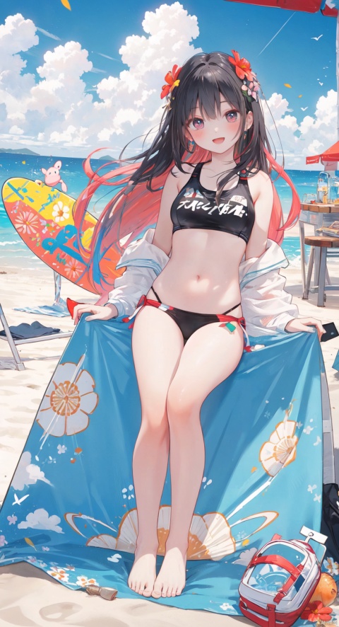 Masterpiece, best quality, very detailed CG, 8K, girls, beach, beach, tent, skateboard, table, music festival, camping, group, beach, festival, big event, long hair, blush, smile, open mouth, bangs, hair decor, body, wide eyes, flowers, colored hair, earrings, outdoor, decor, colored graffiti swimsuit, sky, Barefoot, sky, clouds, hair flowers, water, conch, shell, graffiti pattern, facing the audience, wide angle, panorama, mid-shot,