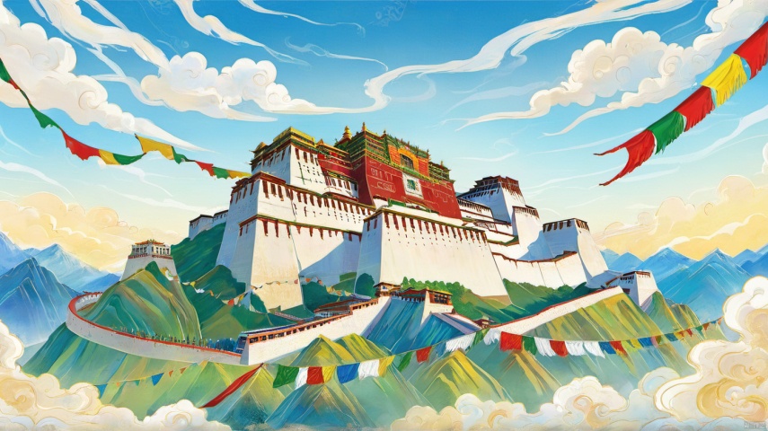 Potala Palace, full of colorful prayer flags, outdoor, blue sky, white clouds, Guochao illustration, gilding, art, illustration, wallpaper, high resolution