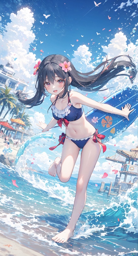 Masterpiece, best quality, very detailed CG, 8K, girls in surfing, tumbling waves, beach, beach, festival, big event, long hair, blush, smile, open mouth, Bangs, hair decor, body, eyes Open, flowers, colored hair, outdoors, decor, colored doodle swimsuit, sky, barefoot, sky, clouds, hair flowers, water, conch, shell, doodle pattern, fighting spirit, wide angle, panorama, mid-shot,