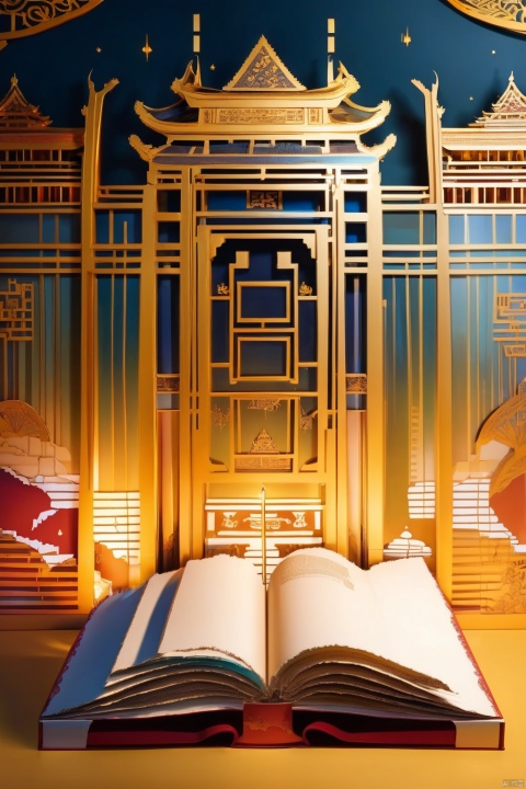  A lighted book,seated front,detailed art style,paper sculpture,geographic photo,hi-res image,paper cut book design oriental palace,tilt photography style,8k resolution,night scene,photo taken with a Nikon D750 with lights on top,cityscape style,intricate woodwork,grandiose gauges,chinese book model,golden light style,pencil art illustration,hi-res image,site-specific artwork,i can't believe how beautiful this is,