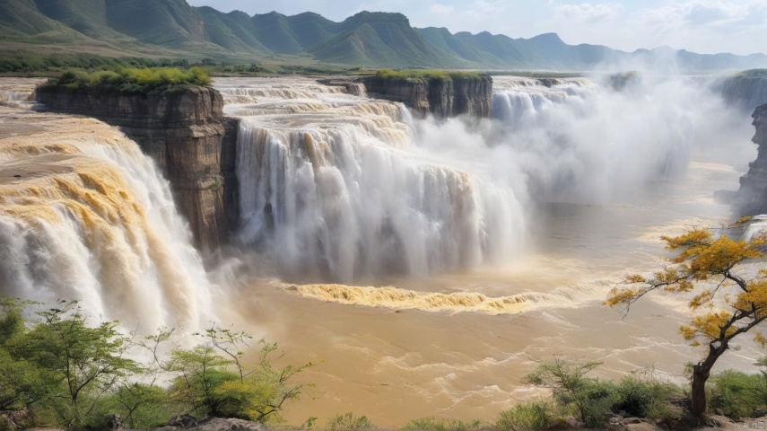 China Yellow River scenic spot, Hukou Waterfall, majestic waves, fast rivers, cliffs, sunny days, outdoor, HD, 8k, National Geographic, wallpaper, real photography,ananmo