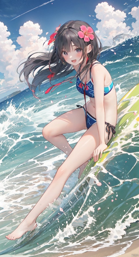 Masterpiece, best quality, very detailed CG, 8K, 1 girl surfing on the beach, group, beach, tent, camping, festival, Big Event, music festival, Long Hair, blush, smile, open mouth, Bangs, hair decor, body, wide eyes, flowers, colored hair, earrings, outdoor, decor, colored graffiti swimsuit, sky, barefoot, sky, cloud, hair flower, water, conch, shell, graffiti pattern, face the audience, wide Angle, panorama, mid-shot, (\lang lang\)