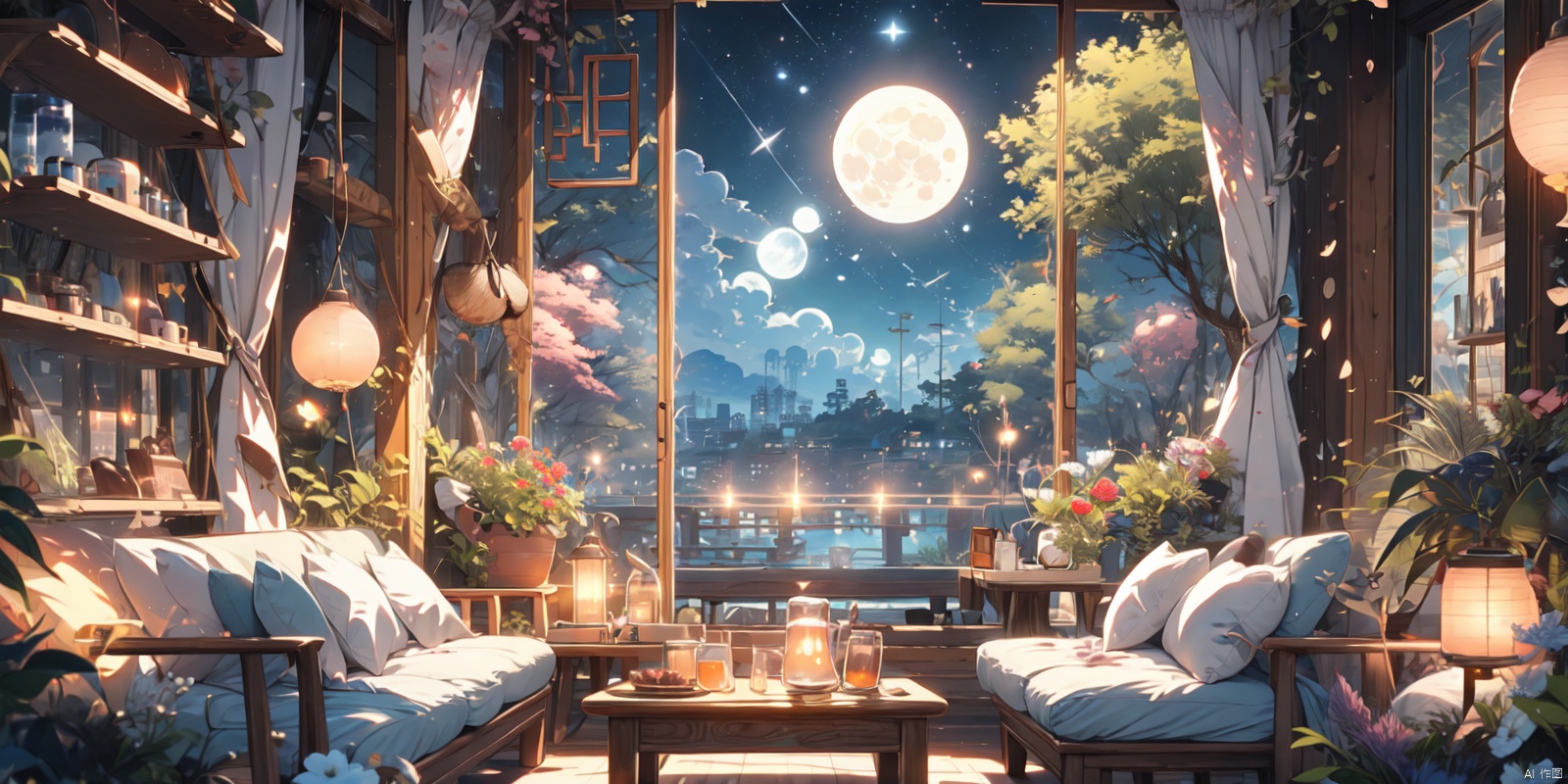 (masterpiece: 1.2) , best quality, 8k, comfortable animated scenes, Chinese architecture, Chinese style, full moon, Meteor, starry sky, Big Cat, indoor, evening, strong contrast of light and shadow, fantastic color, sofa, pillow, bubble, feather, no people, trees, flowers, floor-to-ceiling windows, birds, pink rooms, wide-angle, depth of field, mid-shot, healing, ultra-detail