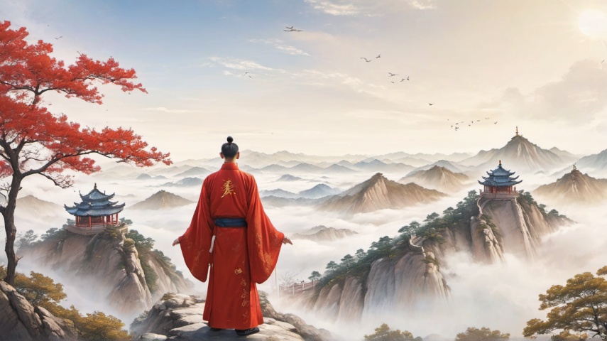 Mount Tai, towering peak, a man in Red Hanfu standing on the peak, back to the camera, Panorama, overlooking the camera, sea of clouds, Day, Wonderland, sunshine, high definition, 8k, ancient painting, picturesque scenery, ((poakl))