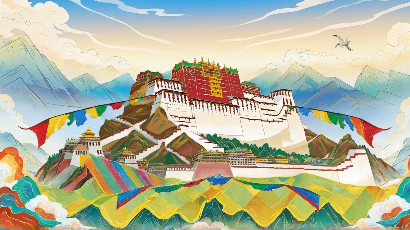 Potala Palace, full of colorful prayer flags, sacred, Zen, outdoor, blue sky, White Clouds, national tide illustration, gilt, art, illustration, wallpaper, high resolution