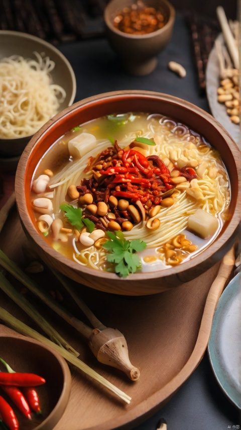 A bowl of fragrant soup powder, with sour bamboo shoots and fungus and peanuts and chili on top of noodles, beautiful platter, close-up, indoor, dining table, Chinese architecture