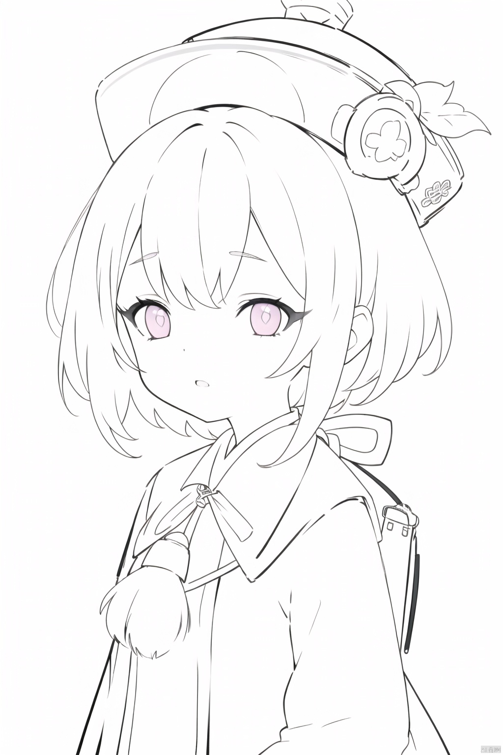  (greyscale,monochrome,sketch)loli,upper body,hair,purple eyes, hat,UNKI,qiqi (genshin impact)