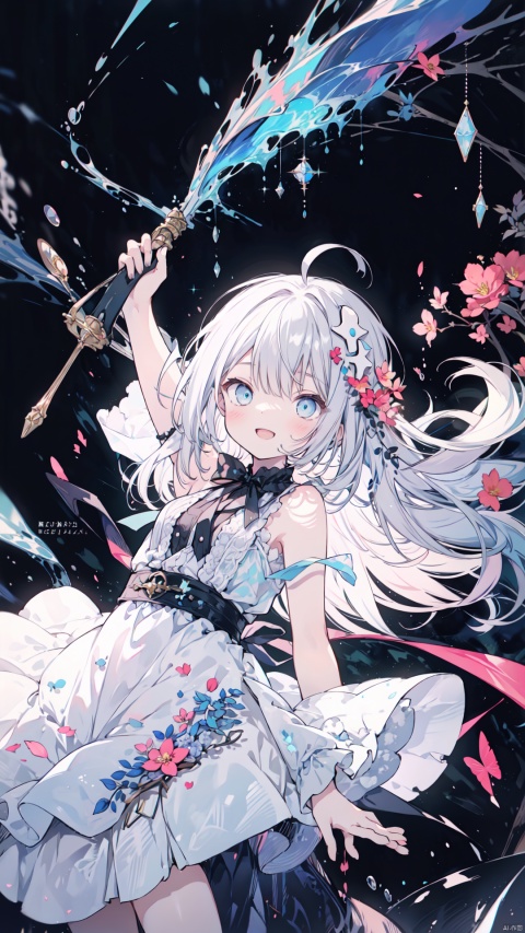 1child-loli,(child:1.2),solo, long hair, smile, open mouth, bangs, blue eyes, hair ornament, dress, bow, holding, pink hair, flower, ahoge, white hair, multicolored hair, sleeveless, star \(symbol\), white dress, bare legs,arm up, sleeveless dress, starry night sky,watermark, frilled dress, Light-electric style, midjourney, cuteloli