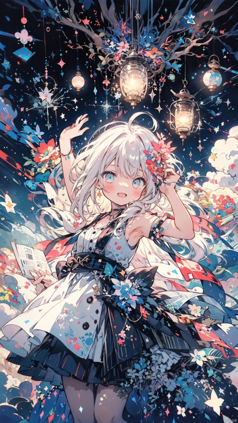  1 little-child,(child:1.2),solo, long hair, smile, open mouth, bangs, blue eyes, hair ornament, dress, oil lamp,bow, holding, pink hair, Light-electric style,shining, flower, ahoge, white hair, multicolored hair, sleeveless, star \(symbol\), white dress, bare legs,arm up, sleeveless dress, starry night sky,watermark, frilled dress, Light-electric style, midjourney, cuteloli,shining