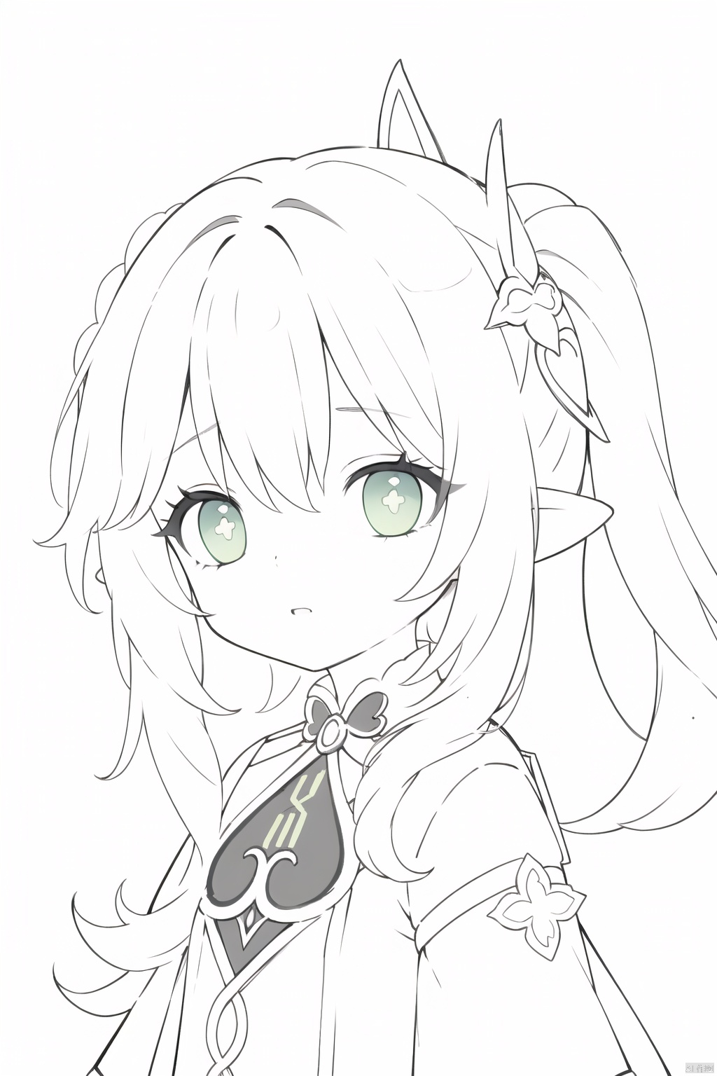  (greyscale,monochrome,sketch)loli,upper body,hair,green eyes, nahida