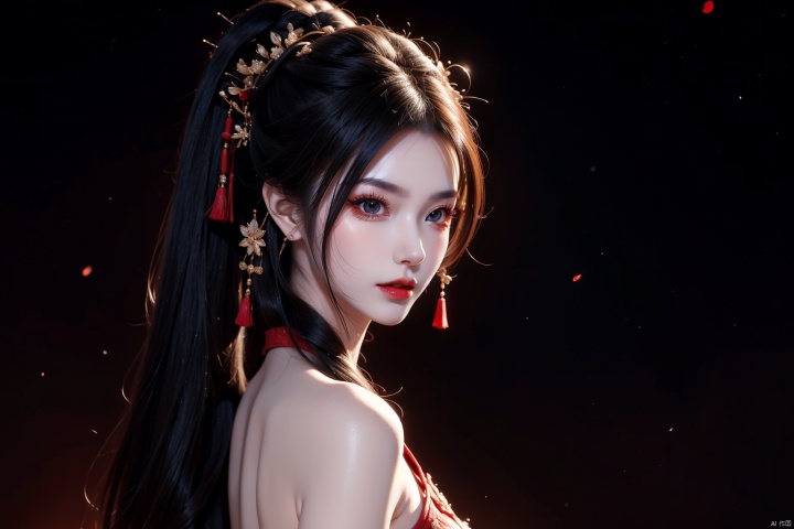 (solo:1.2),bare shoulders,1girl,solo_female,(black hair),single Extra long Low ponytail,single very long Low ponytail,red cheongsam,perfect figure,fair face,watery eyes,cherry like red lips,smooth skin,(highly detailed and beautiful eyes:1.5),smooth skin,fair skin,clean face,tender skin,sexy girl,(standing:1.3),high neck,neck_ruff,chinese_knot,(very long hair:1.3),(long hair:1.3),RoyalSister Face,water,outdoors,red cheongsam,crystal_earrings,night,dark,from behind,from back,looking_back,unhappy,angry,night,dark background,dark tone