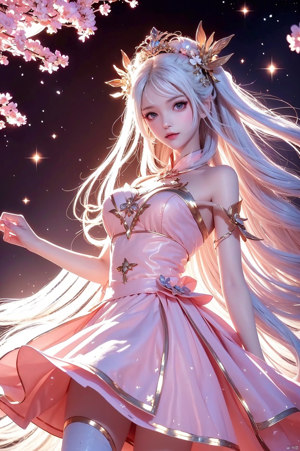 (three quarters body shot:1.4),(masterpiece),(top quality, best quality, official art, beauty and aesthetics:1.2),cg photos,white hair,(solo:1.2),mature_female,Peach blossoms, pink clothes, short skirts, white stockings,closed_mouth,bare_shoulders,(tight:1.2),bare_shoulder,Short neck,Bright tones,sexy girl,bright,light,Royal Sister,night,,RoyalSister face,,round face,baby face,print,looking_at_viewer,Peach blossoms,pink flower,pink petal,starry,star_(sky), RoyalSister Face