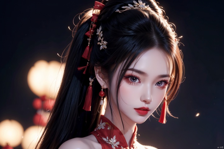 (solo:1.2),bare shoulders,1girl,solo_female,(black hair),single Extra long Low ponytail,single very long Low ponytail,red cheongsam,perfect figure,fair face,watery eyes,cherry like red lips,smooth skin,(highly detailed and beautiful eyes:1.5),smooth skin,fair skin,clean face,tender skin,sexy girl,(standing:1.3),high neck,neck_ruff,chinese_knot,(very long hair:1.3),(long hair:1.3),RoyalSister Face,water,outdoors,red cheongsam,crystal_earrings,night,dark,unhappy,angry,night,dark background,dark tone