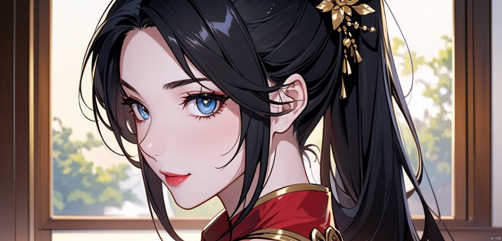 face close-up,from behind,looking back, (solo: 1.2), ,light smile,bare shoulders,1girl,solo_female,(black hair),single Extra long Low ponytail,,single very long Low ponytail, golden eyes,Red cheongsam,,perfect figure, fair face, watery eyes, cherry like red lips,,smooth skin, (highly detailed and beautiful eyes: 1.5) , smooth skin, fair skin, clean face, tender skin, sexy girl,indoors,(standing:1.3),Stand up straight