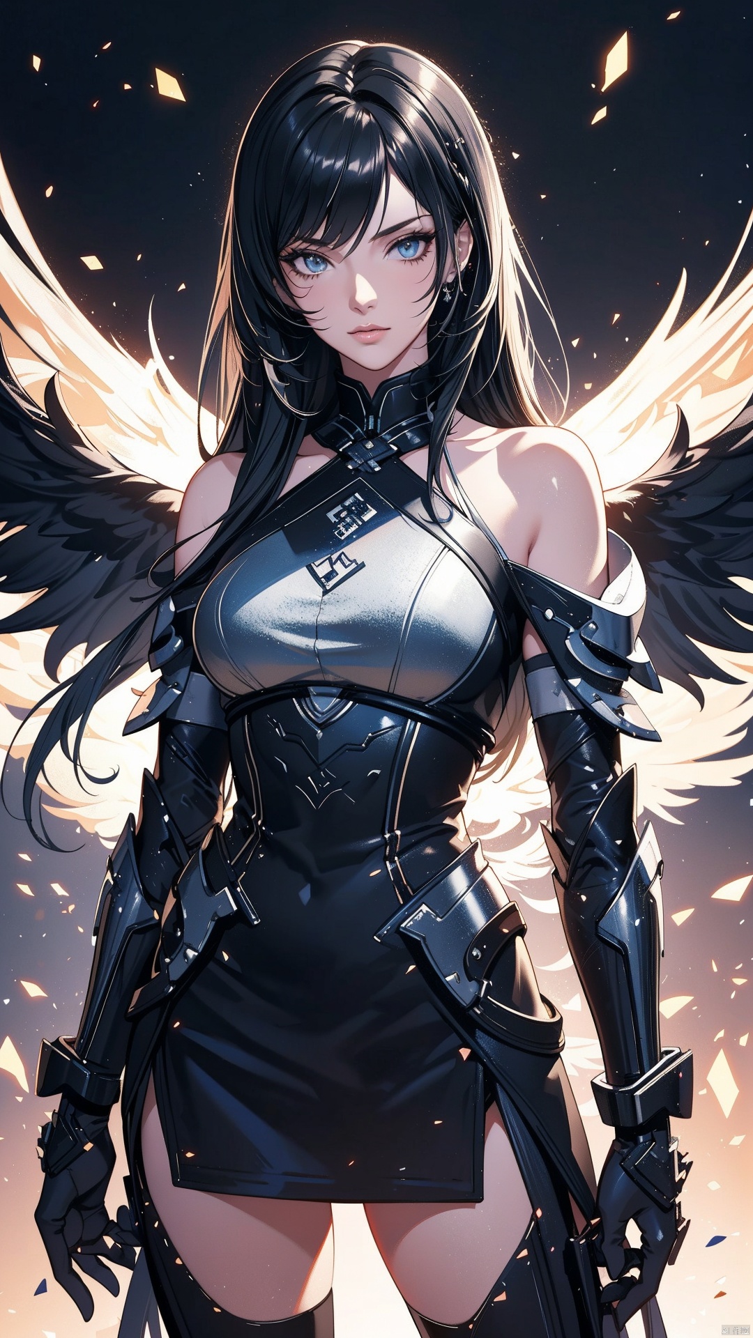 1girl,Straight hair,long_hair,gray Combat Mech, (Pretty Girl),  bare Shoulder, Huge Breasts, Exquisite Mechanical Feeling, Details, Mech Wings, Elegance, gray Mech, Luminous Eye,Black hair, gray round armor, smooth, wings,bare shoulder,luminous decoration
masterpiece, best quality, official art, extremely detailed CG Unity 8k wallpaper, bright light,
(light particles, (illustration), (color) ,good-looking, perfect, (flat painting), (heavy brushstrokes), (bold lines), highest image quality, 
masterpiece, fine, long eyelashes, ((contour)), extremely detailed background description, gray off the shoulder skirt, mottled, (character close-up), correct and accurate hand painting, accurate and precise fingers, (Science Fiction), Future, Cyberpunk,, fazhenn
, cyberpunk, RoyalSister Face