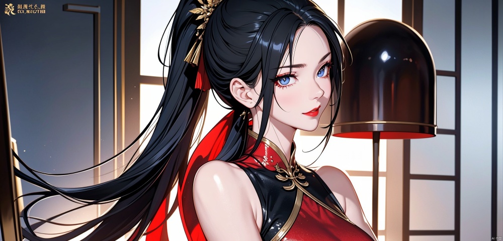 face close-up,from side, (solo: 1.2), ,light smile,bare shoulders,1girl,solo_female,(black hair),single Extra long Low ponytail,,single very long Low ponytail, golden eyes,Red cheongsam,,perfect figure, fair face, watery eyes, cherry like red lips,,smooth skin, (highly detailed and beautiful eyes: 1.5) , smooth skin, fair skin, clean face, tender skin, sexy girl,indoors,(standing:1.3),Stand up straight