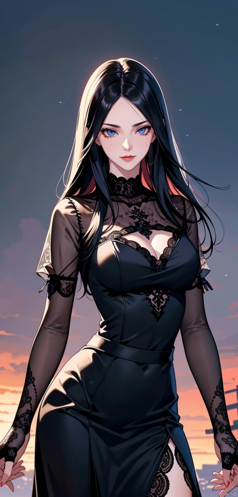 bust,face shot,face close-up,(lace_trim:1.3),1girl,solo_female,(black hair),(black lace trim dress:1.3),perfect figure,Straight hair,fair face,watery eyes,cherry like red lips,(solo:1.2),smooth skin,(highly detailed and beautiful eyes:1.5),smooth skin,fair skin,clean face,tender skin,sexy girl,(standing:1.3),Temptation,allure,sexiness,RoyalSister Face,front view,evil smile,evil,outdoors,sky,gloomy,atmosphere,(from_below:1.2),seductive_smile,floating hair,front view,cowboy_shot,