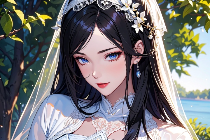  bust,face close-up,from side,(lace_trim:1.3),light smile,1girl,solo_female,(black hair),white lace trim dress,perfect figure,Straight hair, fair face, watery eyes, cherry like red lips,, (solo: 1.2), smooth skin, (highly detailed and beautiful eyes: 1.5) , smooth skin, fair skin, clean face, tender skin, sexy girl,outdoors,(standing:1.3),Temptation, allure, sexiness, RoyalSister Face
