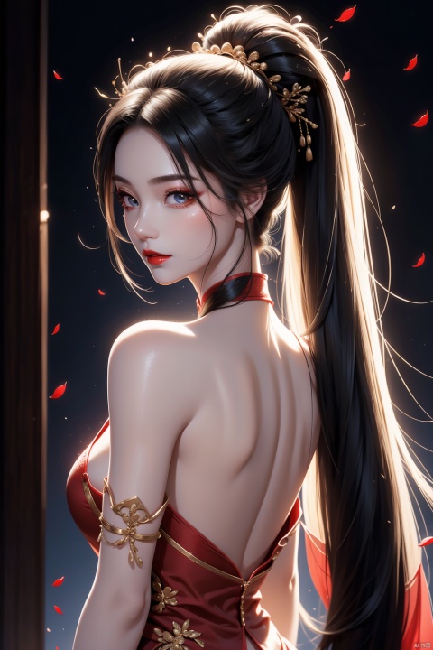 from behind,looking back,(solo:1.2),light smile,bare shoulders,1girl,solo_female,(black hair),single Extra long Low ponytail,single very long Low ponytail,golden eyes,Red cheongsam,perfect figure,fair face,watery eyes,cherry like red lips,smooth skin,(highly detailed and beautiful eyes:1.5),smooth skin,fair skin,clean face,tender skin,sexy girl,indoors,(standing:1.3),Stand up straight,high neck,neck_ruff,chinese_knot,(very long hair:1.3),(long hair:1.3),pony-tail,high ponytail, RoyalSister Face