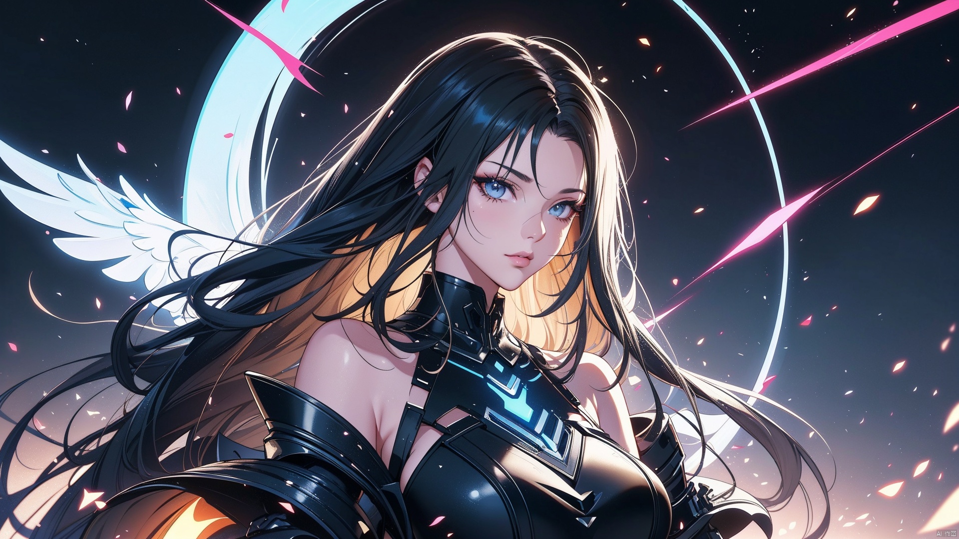 1girl,Straight hair,long_hair,gray Combat Mech, (Pretty Girl),  bare Shoulder, Huge Breasts, Exquisite Mechanical Feeling, Details, Mech Wings, Elegance, gray Mech, Luminous Eye,Black hair, gray round armor, smooth, wings,bare shoulder,luminous decoration
masterpiece, best quality, official art, extremely detailed CG Unity 8k wallpaper, bright light,
(light particles, (illustration), (color) ,good-looking, perfect, (flat painting), (heavy brushstrokes), (bold lines), highest image quality, 
masterpiece, fine, long eyelashes, ((contour)), extremely detailed background description, gray off the shoulder skirt, mottled, (character close-up), correct and accurate hand painting, accurate and precise fingers, (Science Fiction), Future, Cyberpunk,, fazhenn
, cyberpunk, RoyalSister Face