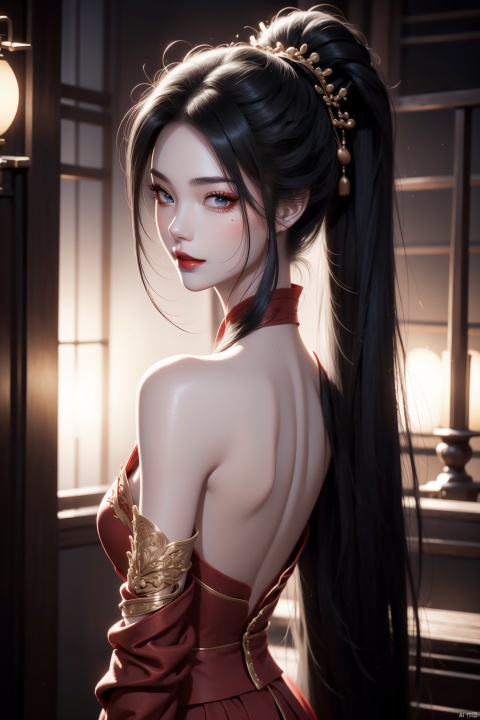 from behind,looking back,(solo:1.2),light smile,bare shoulders,1girl,solo_female,(black hair),single Extra long Low ponytail,single very long Low ponytail,golden eyes,Red cheongsam,perfect figure,fair face,watery eyes,cherry like red lips,smooth skin,(highly detailed and beautiful eyes:1.5),smooth skin,fair skin,clean face,tender skin,sexy girl,indoors,(standing:1.3),Stand up straight,high neck,neck_ruff,chinese_knot,(very long hair:1.3),(long hair:1.3),pony-tail,high ponytail, RoyalSister Face
