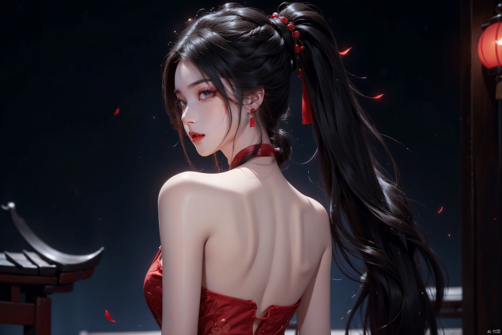 (solo:1.2),bare shoulders,1girl,solo_female,(black hair),single Extra long Low ponytail,single very long Low ponytail,red cheongsam,perfect figure,fair face,watery eyes,cherry like red lips,smooth skin,(highly detailed and beautiful eyes:1.5),smooth skin,fair skin,clean face,tender skin,sexy girl,(standing:1.3),high neck,neck_ruff,chinese_knot,(very long hair:1.3),(long hair:1.3),RoyalSister Face,water,outdoors,red cheongsam,crystal_earrings,night,dark,from behind,from back,looking_back,unhappy,angry,night,dark background,dark tone